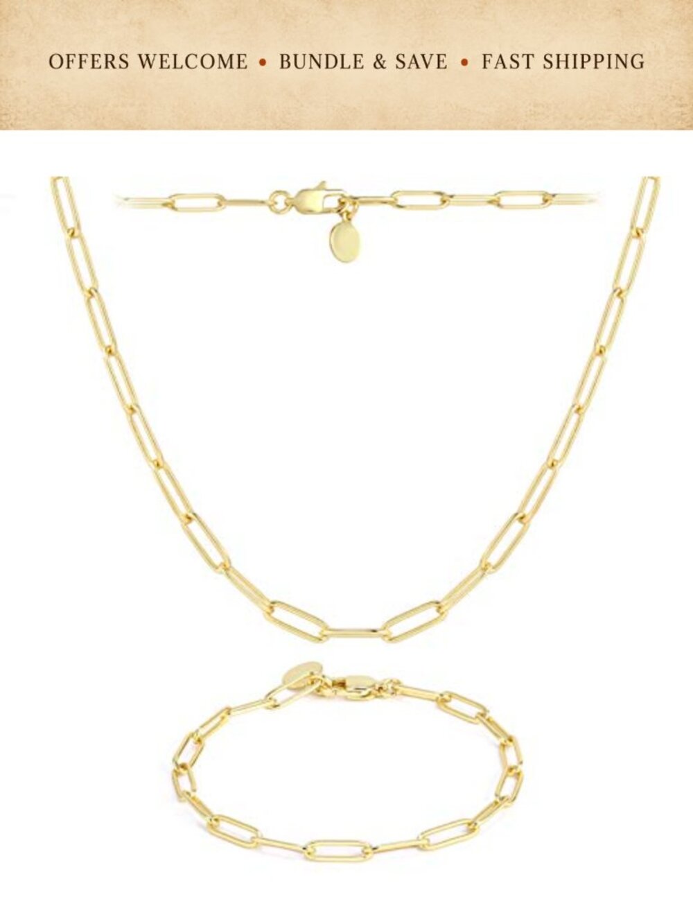 14K Gold Plated Paperclip Chain Necklace Bracelet Set Stainless Steel Jewelry